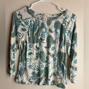 Doncaster Paisley Print Blouse - Blue and Green Silk Top Size Medium